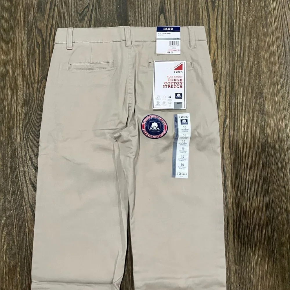NWT Izod Pants Boys Chino Flat Front Straight Leg Cotton Stretch Beige Size 10